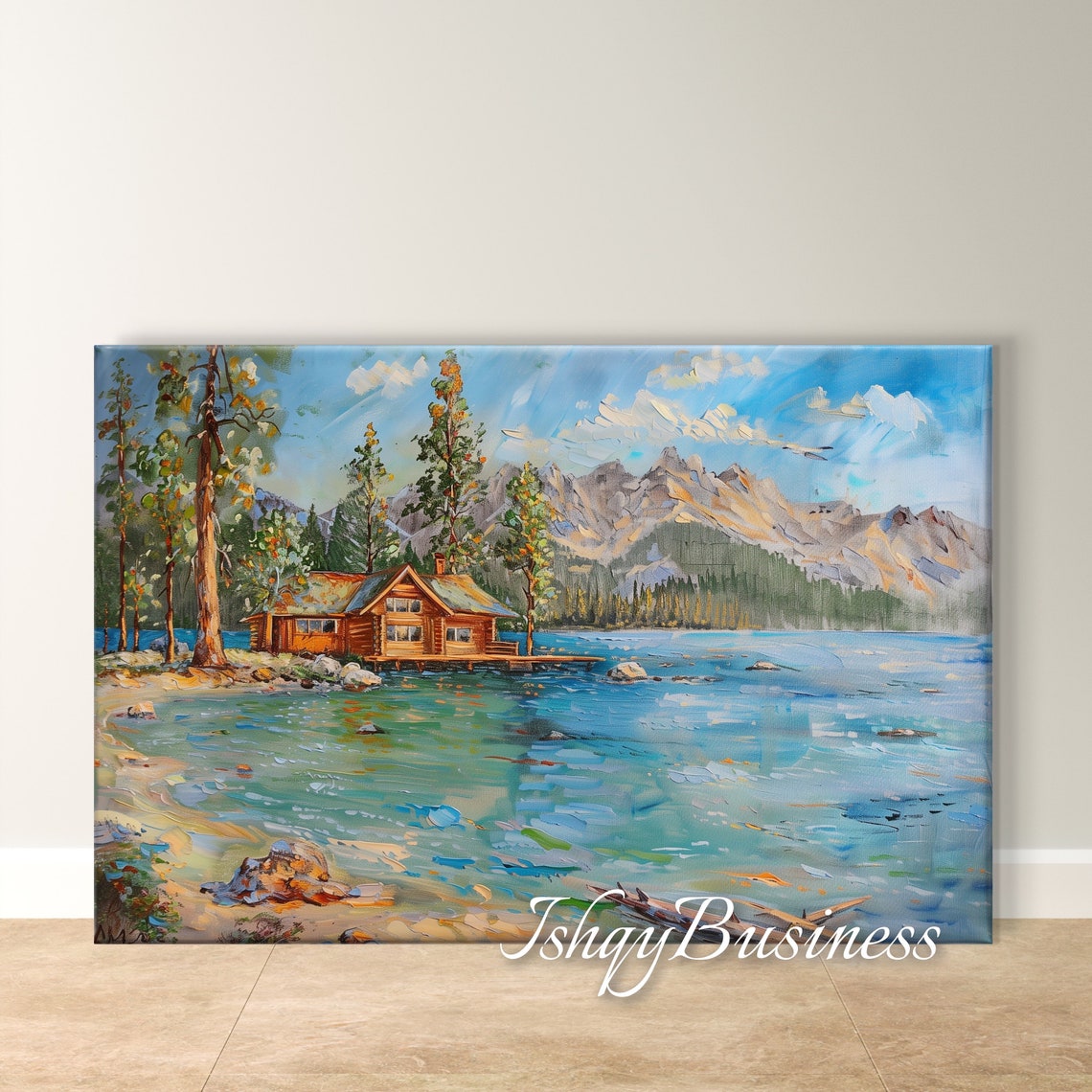 Lake Tahoe Lakeside Cabin with Pine Trees and Mountain Peaks Poster