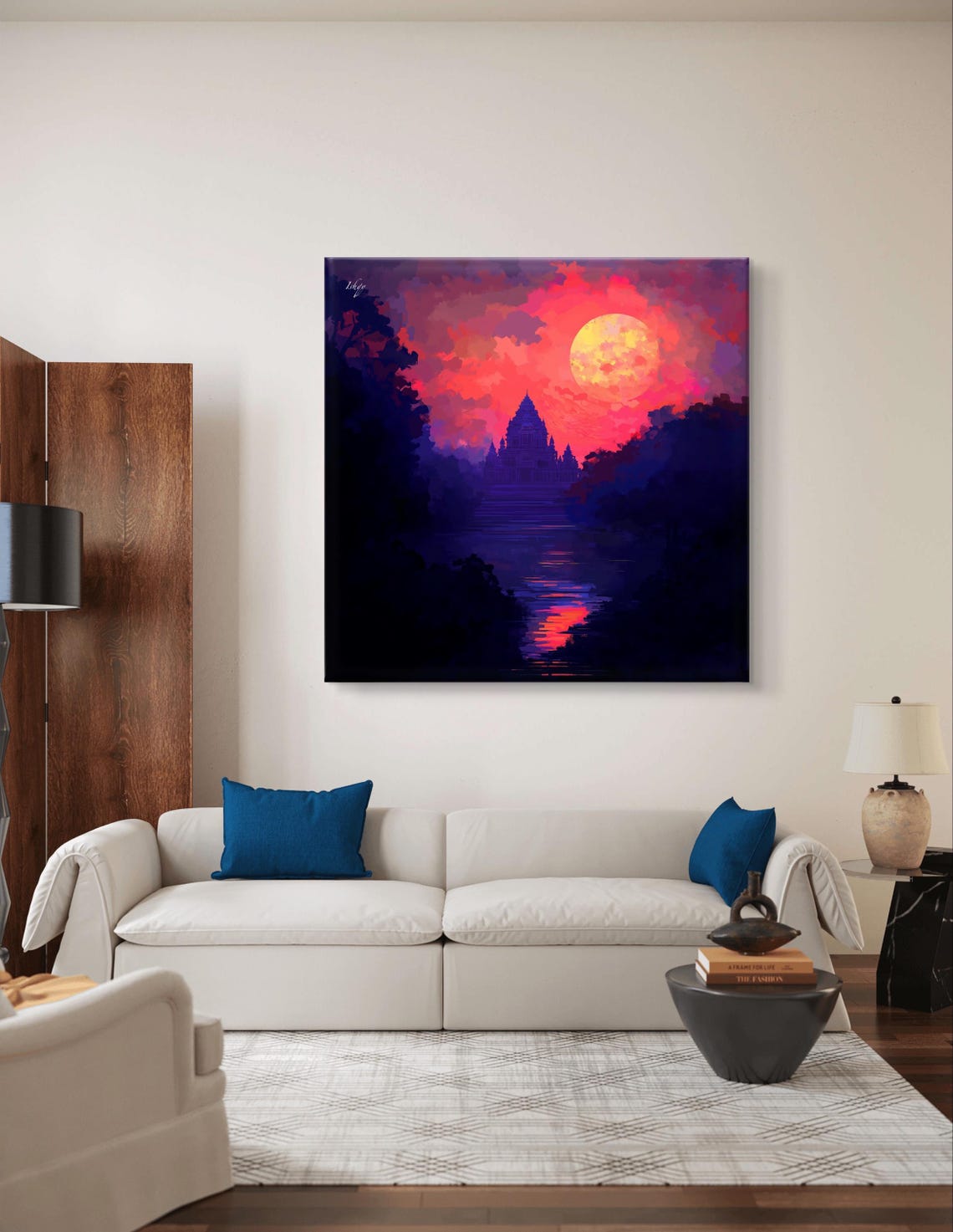 Ancient Temple Silhouette Beneath a Giant Pink Moon Night Poster - Image 6