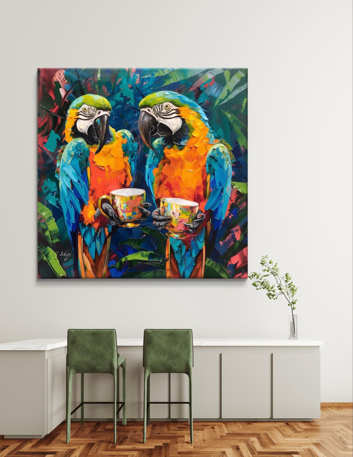 Two Macaw Parrots Drinking Tea Tropical Whimsical Bird Poster - Image 5