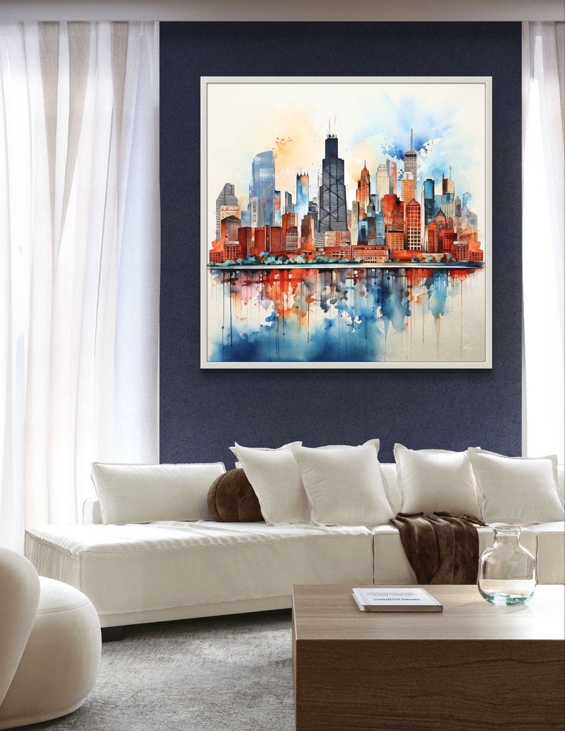 Chicago Skyline Watercolor with Reflective Water Mirror Art Poster - Image 4