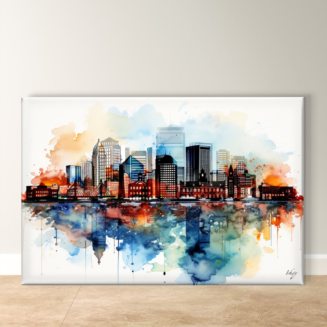 Boston Skyline Watercolor Cityscape Reflection Modern Poster