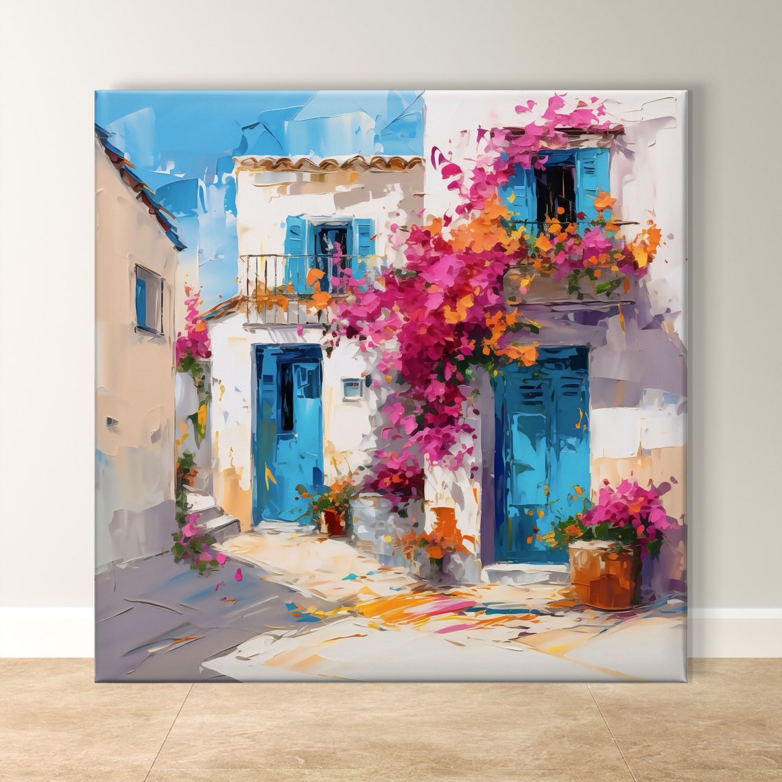 Greek White House With Blue Doors Bougainvillea Island Poster