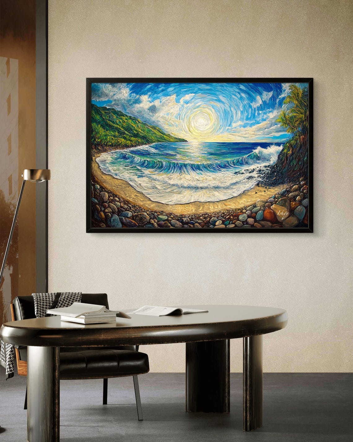 El Sunzal Beach Swirling Sun Over Ocean Waves Painting Poster - Image 3
