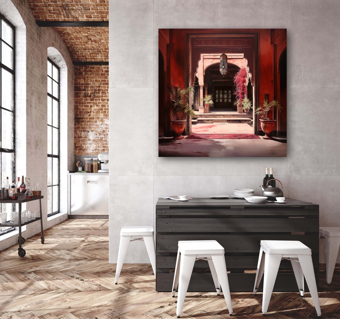Indian Haveli Arched Entrance with Lantern in Red Tones Poster - Image 5