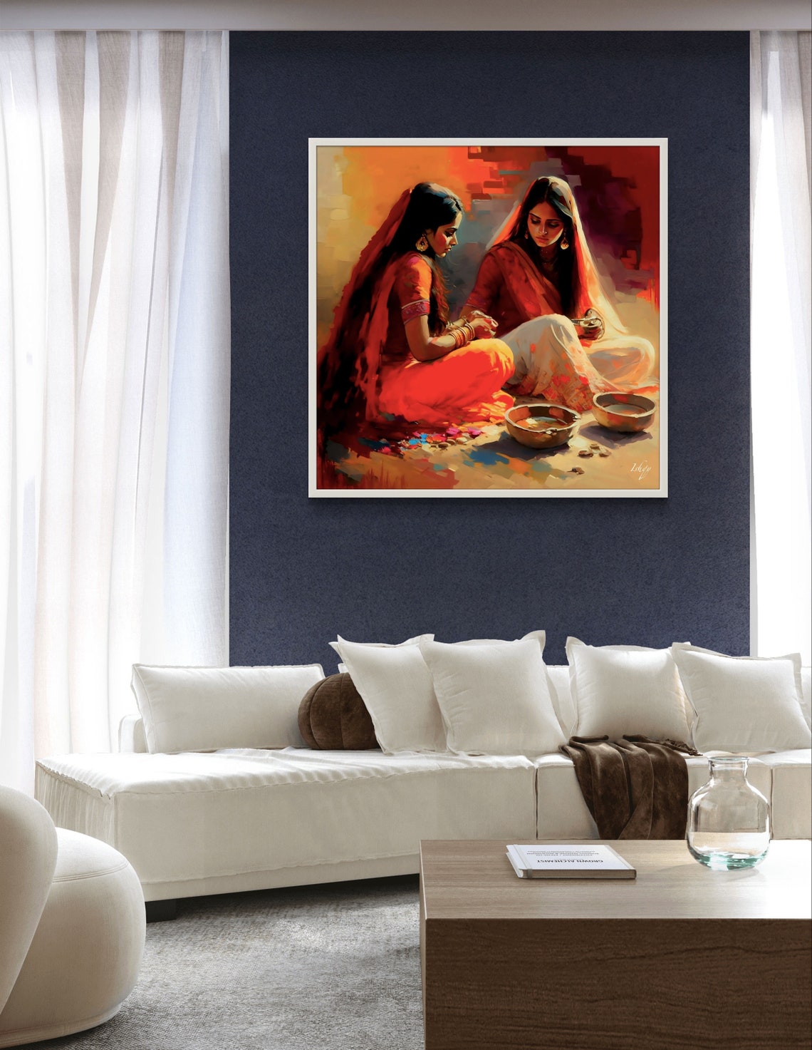 Indian Women in Crimson Sarees With Brass Bowls Heritage Poster - Image 4