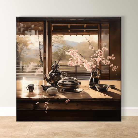 Japanese Tea Art Framed Tea Ceremony Decor Vibrant Cultural Wall Art Colorful Japanese Print Framed Oil Painting Tea Room Wall Decor