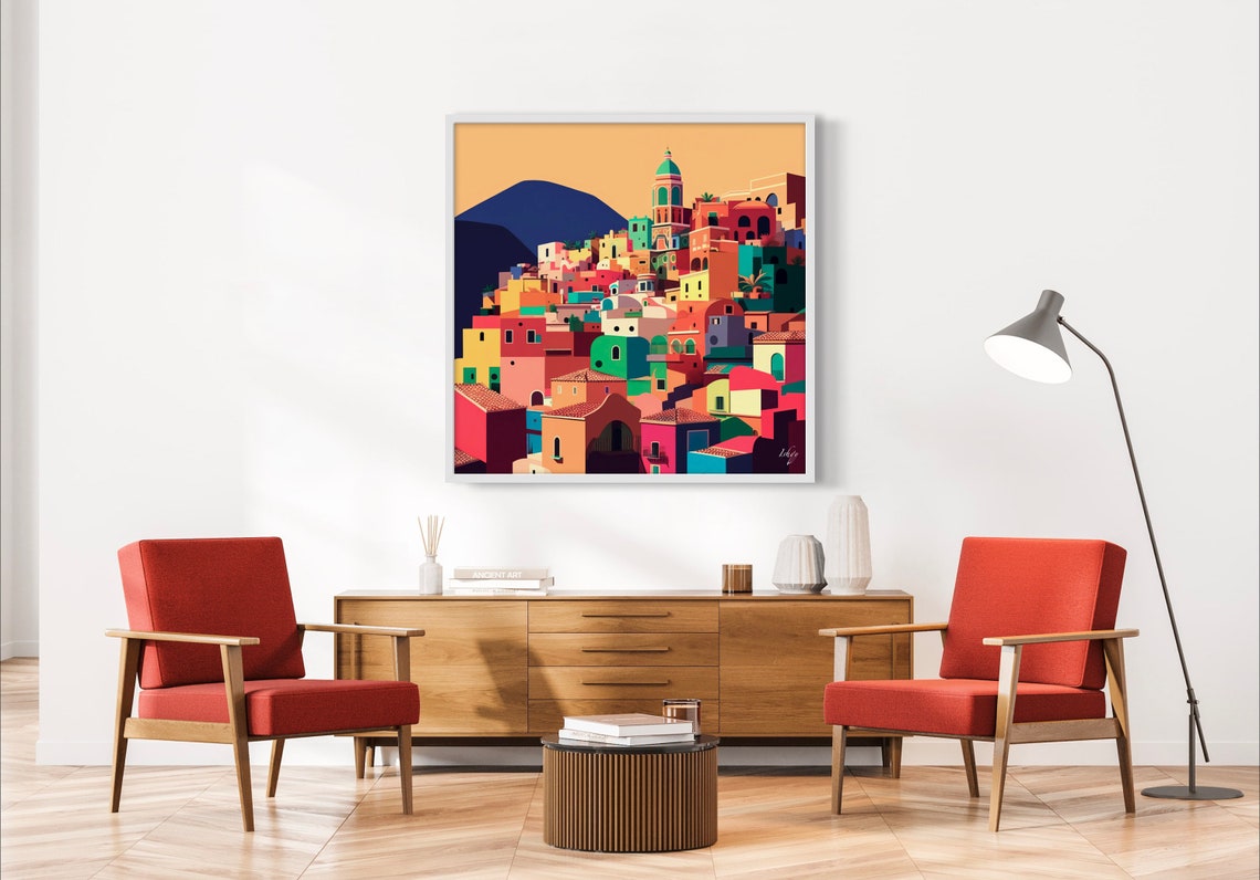Colorful Mediterranean Hillside Village by the Sea at Dusk Poster - Image 2