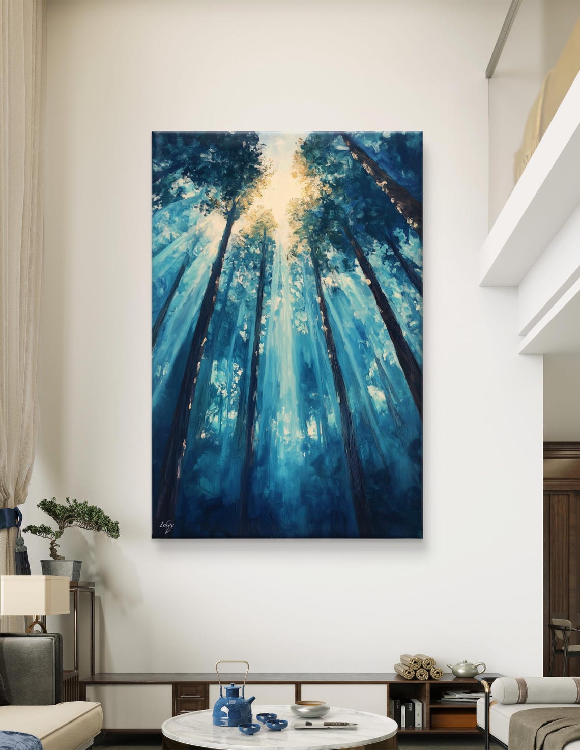 Forest Dawn Sunbeams Blue Pine Trees Magical Golden Light Poster - Image 7