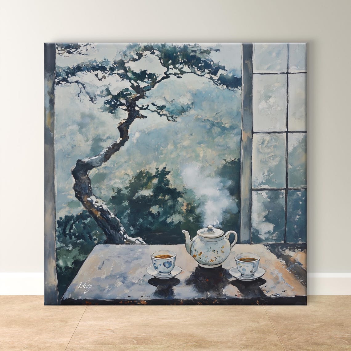 Serene Tea Time by the Window Pine Tree Mountain View Poster