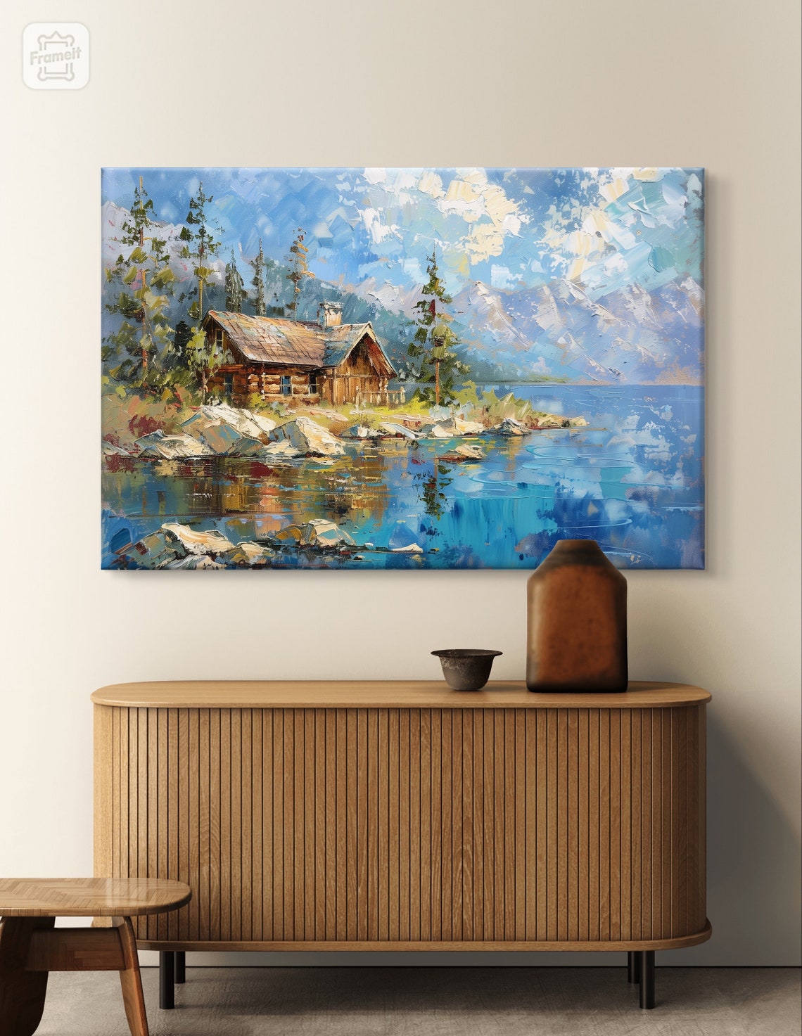 Lake Tahoe Rustic Log Cabin on Rocky Shore with Snowy Peaks Poster - Image 6