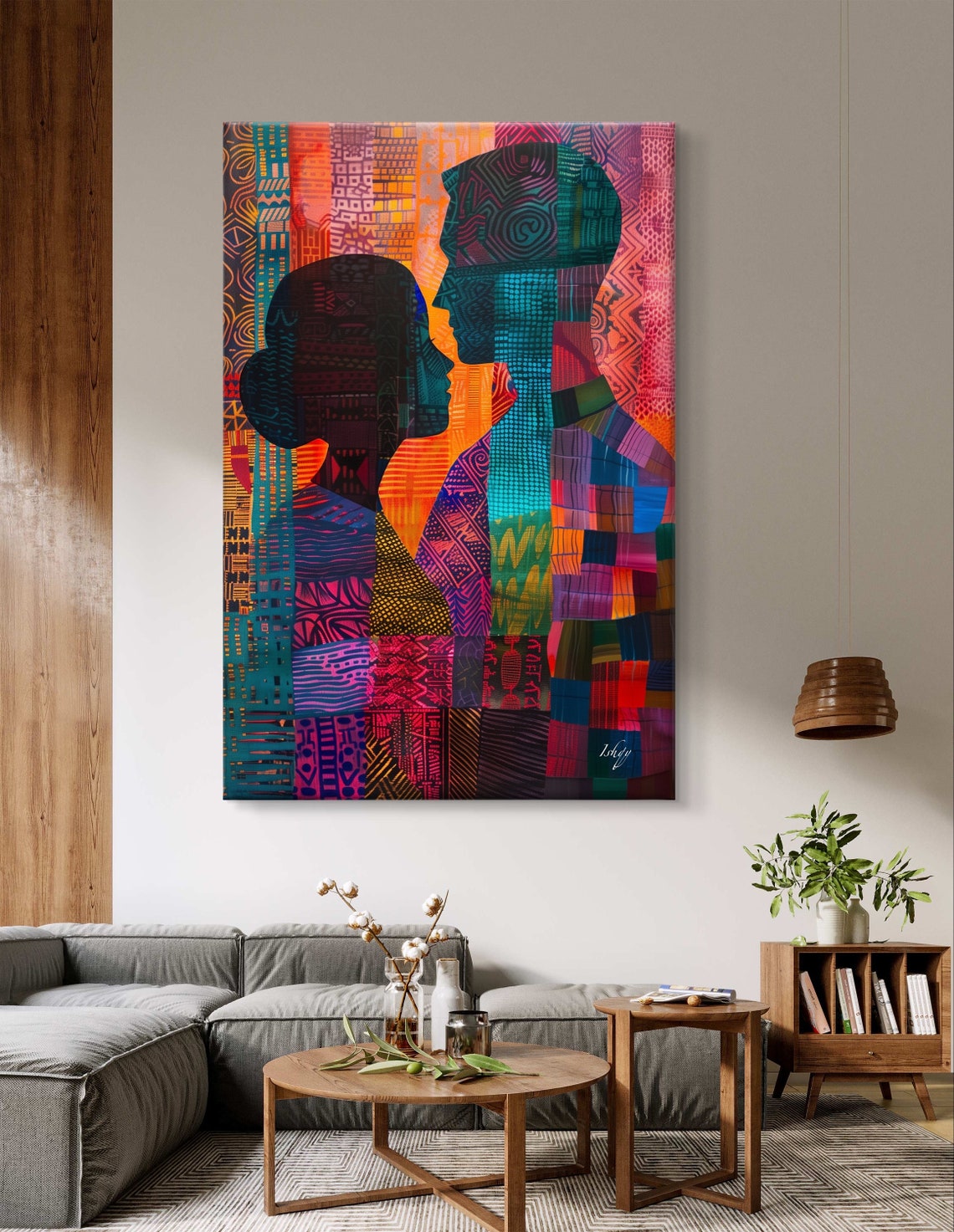 African Couple Silhouette in Tribal Pattern Mosaic Art Poster - Image 4