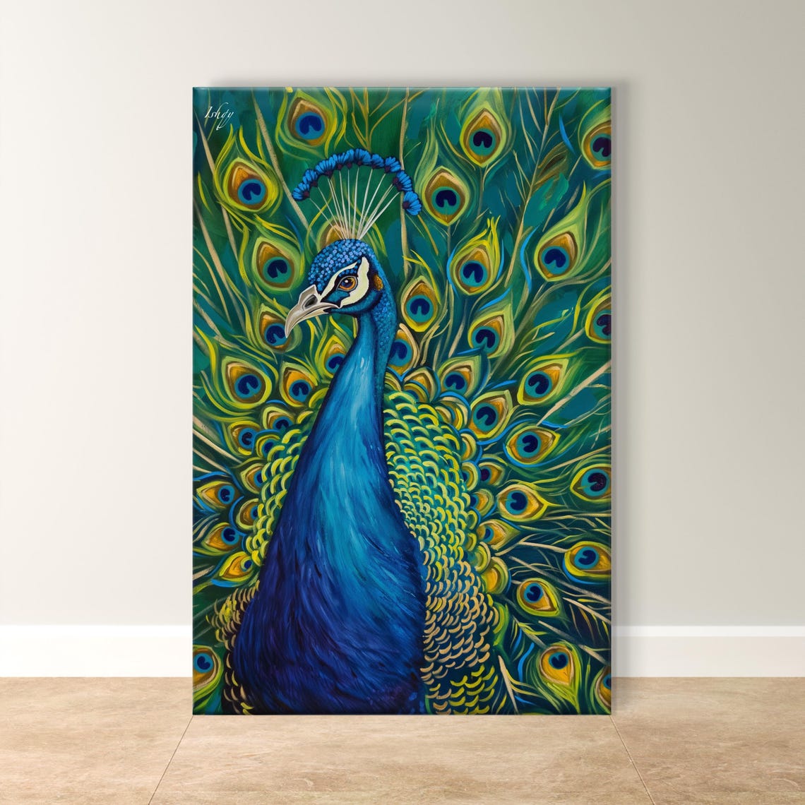 Peacock Portrait with Iridescent Feather Fan Painting Poster