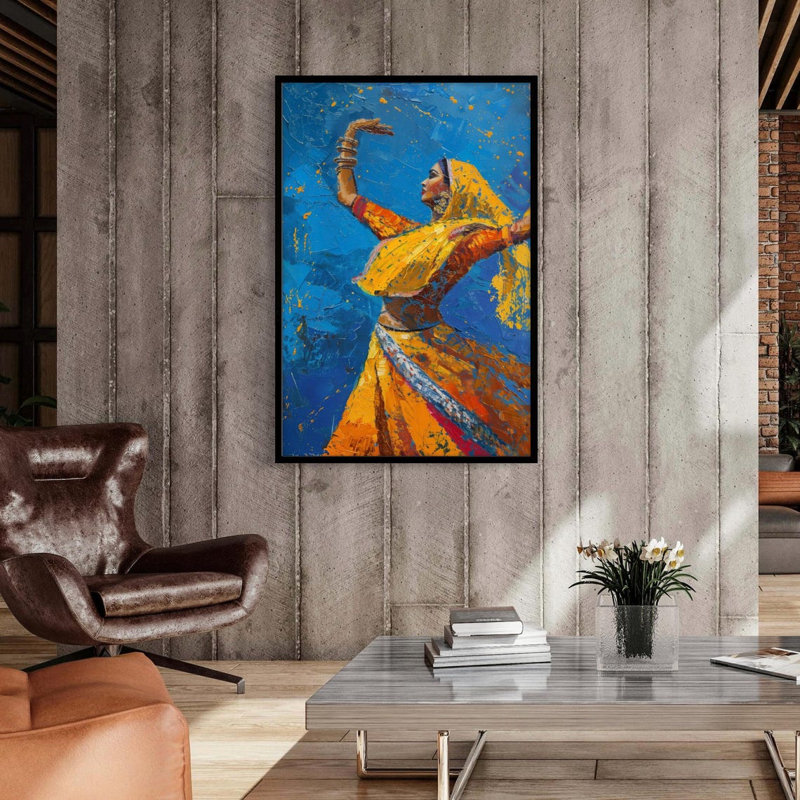 Rajasthani Dancer in Yellow Sari on Deep Blue Artwork Poster - Image 2