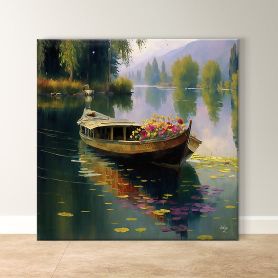 Serene Kashmir Boat Art Shikara On Lake Vibrant Landscape Cultural Wall Decor Unique Home Artwork Scenic Nature Painting Print