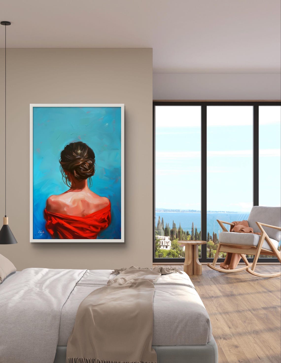 Woman In Red Art Framed Modern Portrait Feminine Wall Decor Colorful Art Print Red Dress Living Room Art Elegant Woman Decor - Image 3
