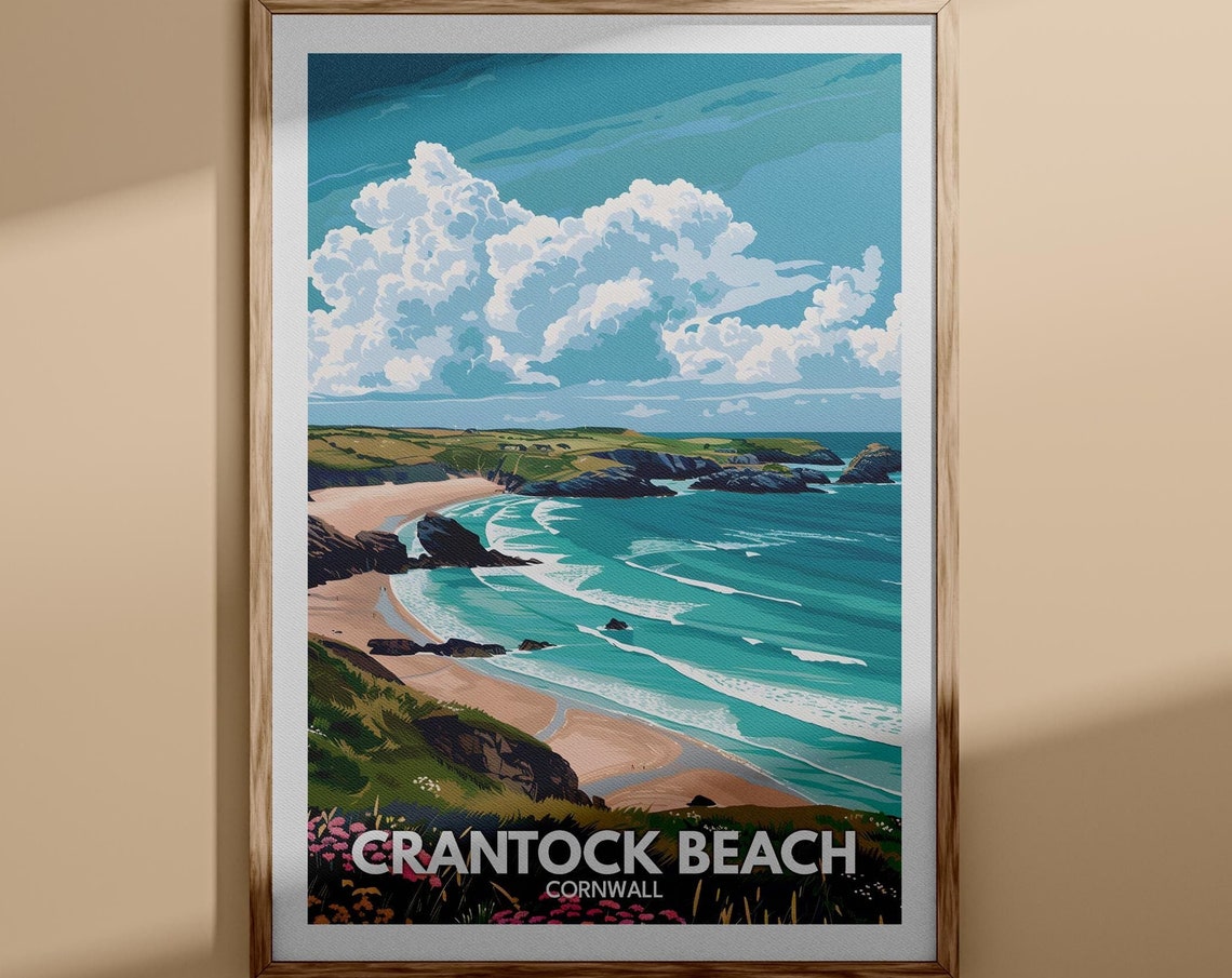 Crantock Beach Cornwall Turquoise Surf Coastal Travel Poster