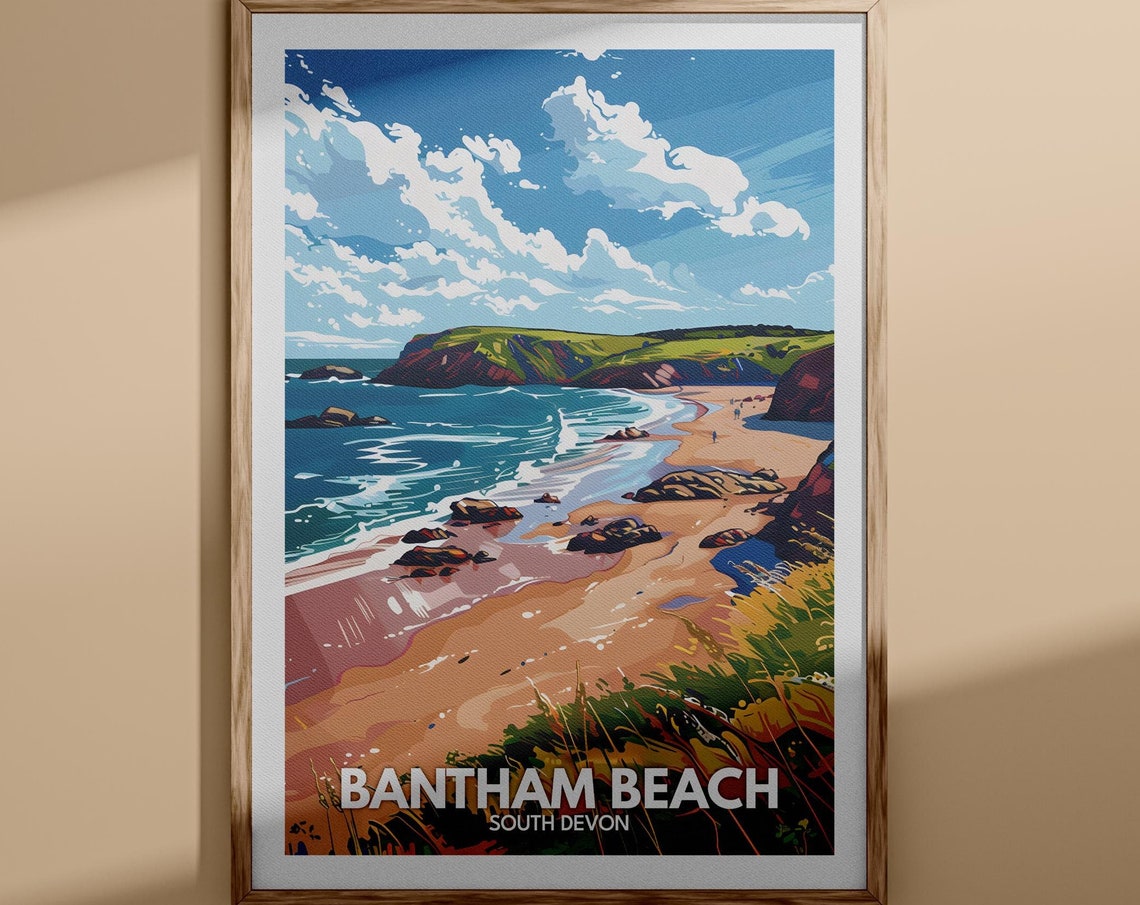 Bantham Beach South Devon Sandy Cove Cliffs Vintage Travel Poster