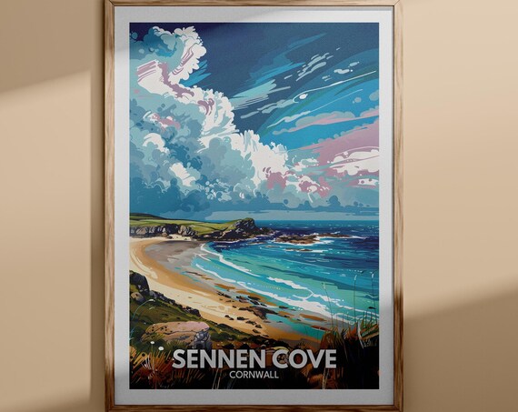 Sennen Cove Cornwall Travel Poster Turquoise Bay Rocky Coast View