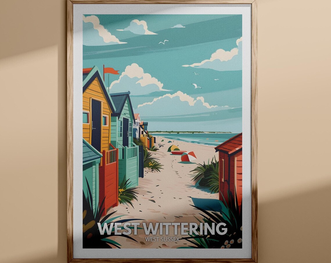 West Wittering West Sussex Poster Colorful Beach Huts Sand Dunes