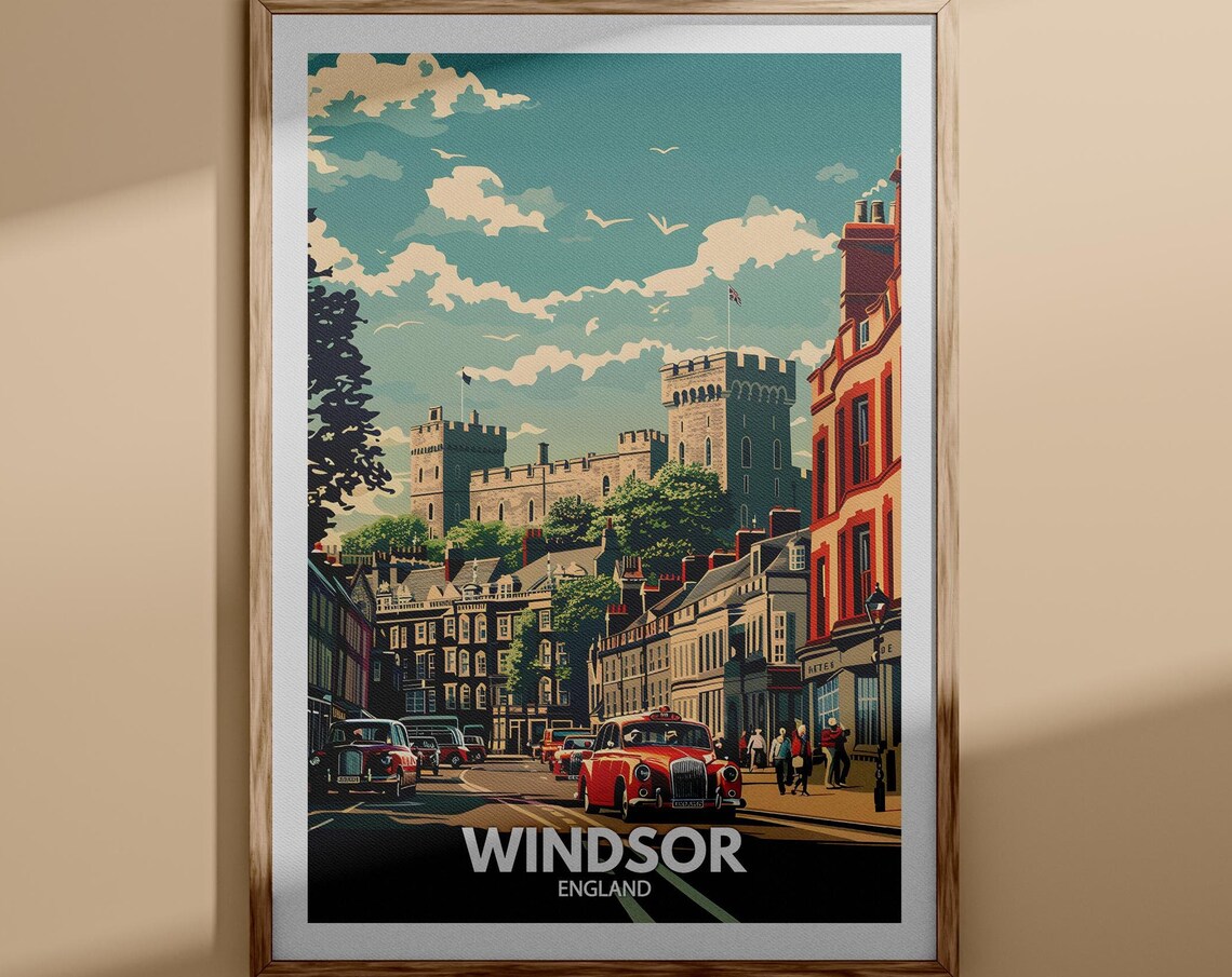 Windsor England Castle Town Classic Cars Vintage Travel Poster
