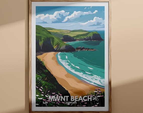 Mwnt Beach Cardigan Bay Cliffs Wildflowers Vintage Travel Poster