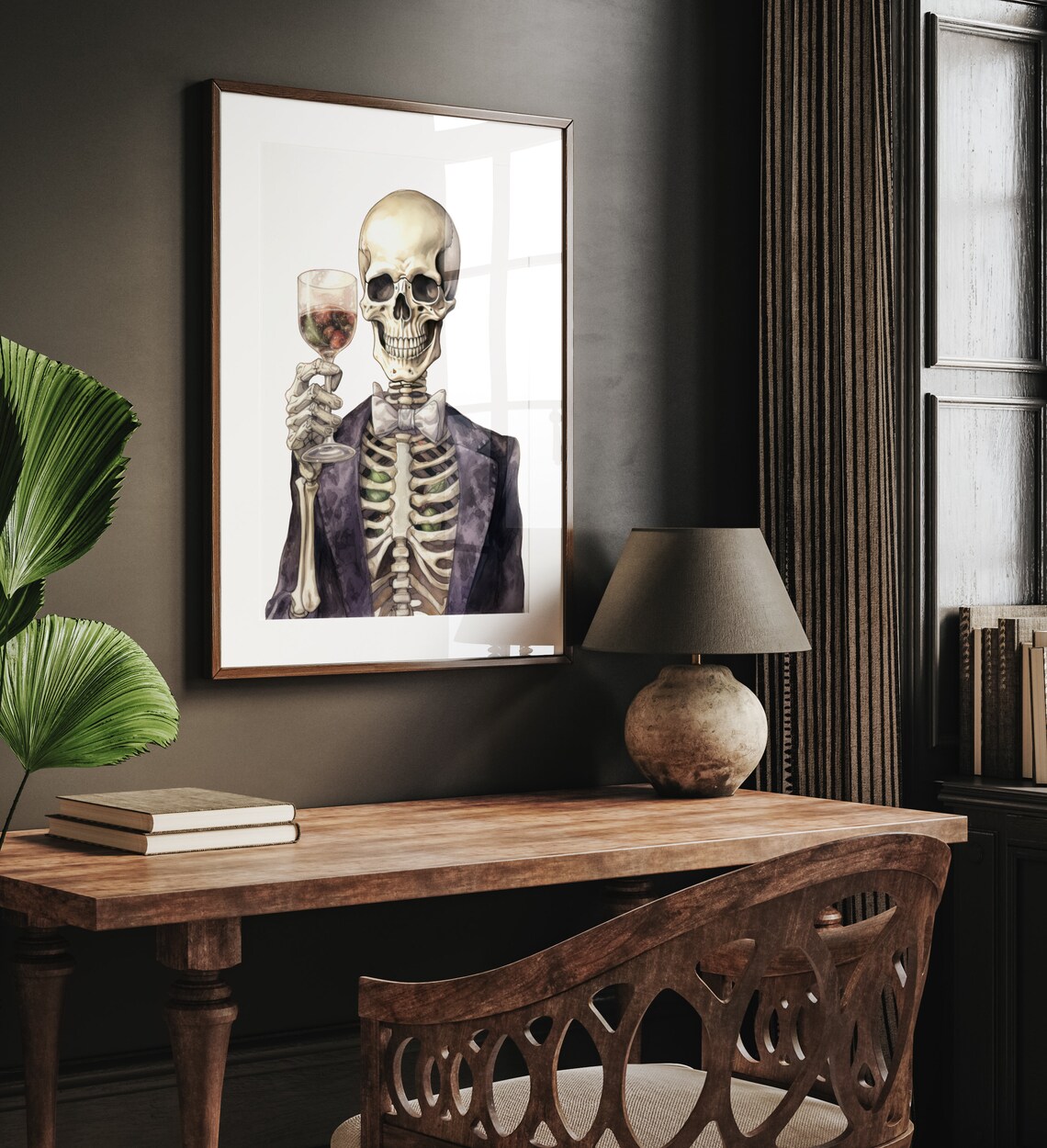 Dapper Skeleton Drinking Wine Watercolor Dark Academia Halloween Poster - Image 2