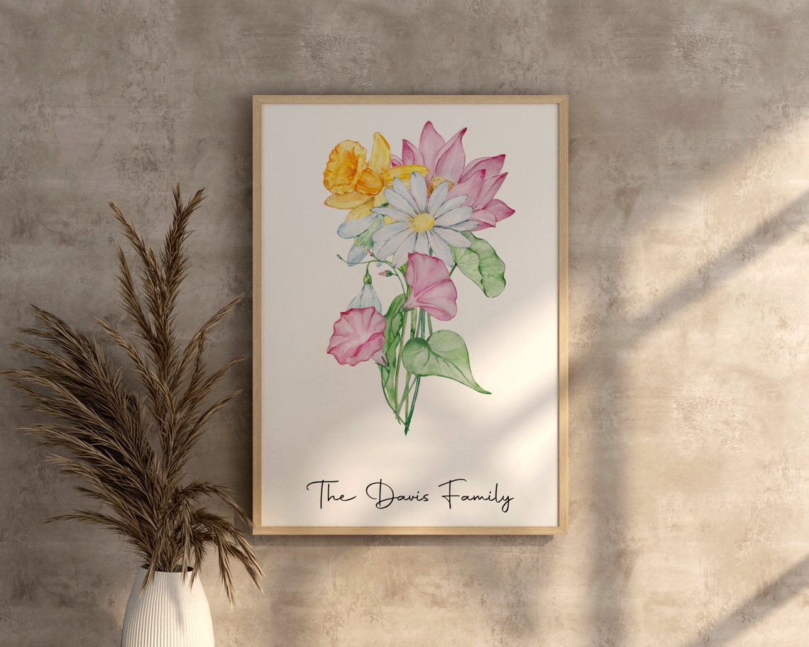 Personalized Family Birth Flower Bouquet Watercolor Art Poster - Image 3