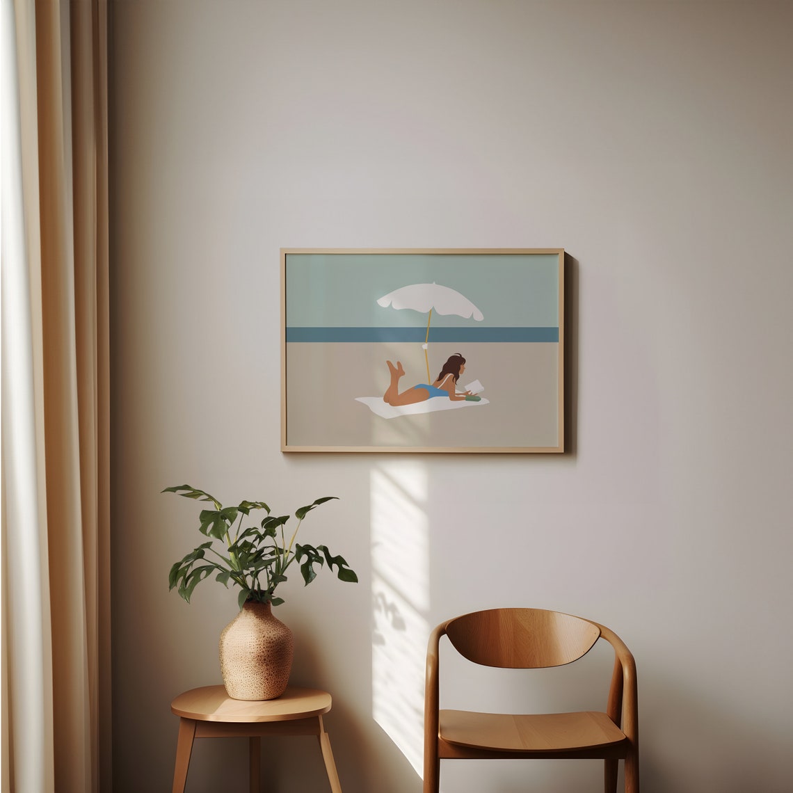 Woman Reading On Beach Under Umbrella Minimalist Summer Art Poster - Image 2