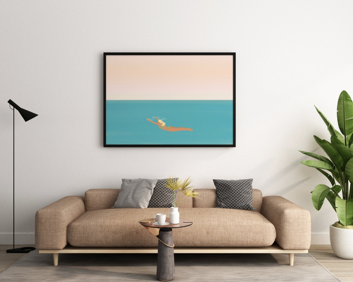 Floating Woman Turquoise Ocean Pastel Pink Sky Minimalist Poster - Image 2