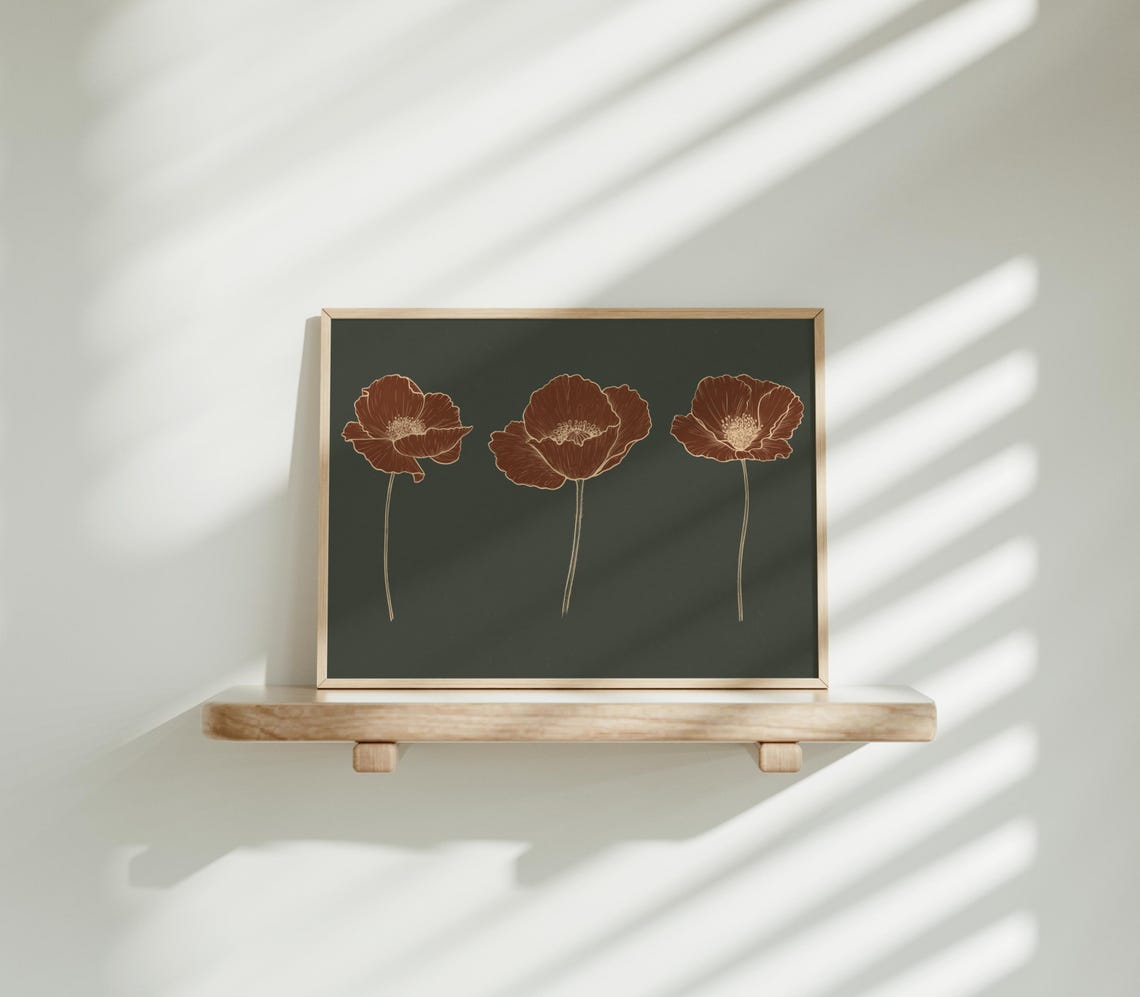 Terracotta Poppy Trio Dark Green Minimalist Floral Wall Poster