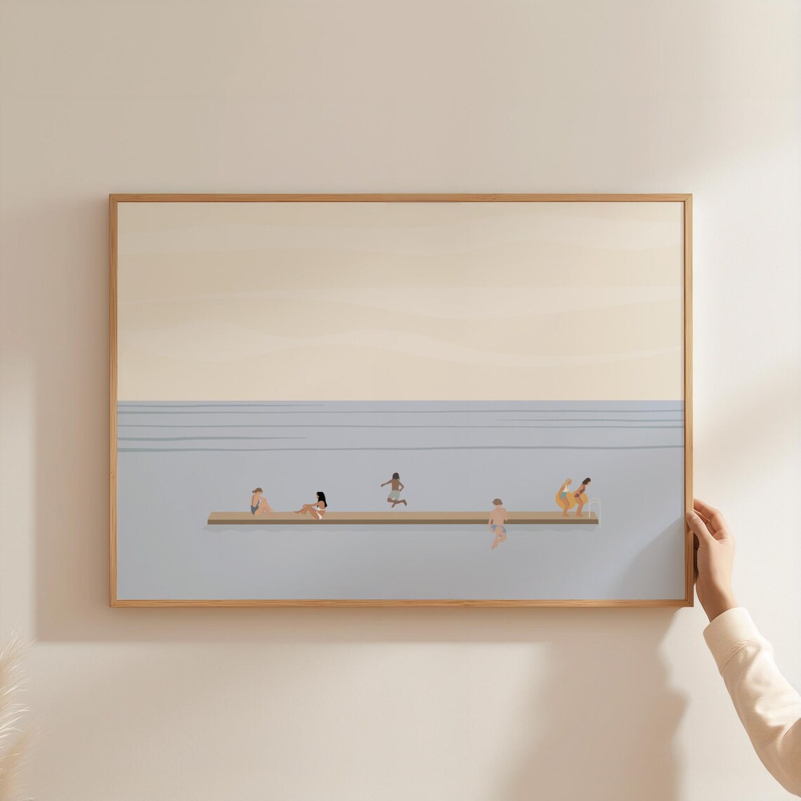 Tiny People Swimming at Lake Dock, Minimalist Art Print