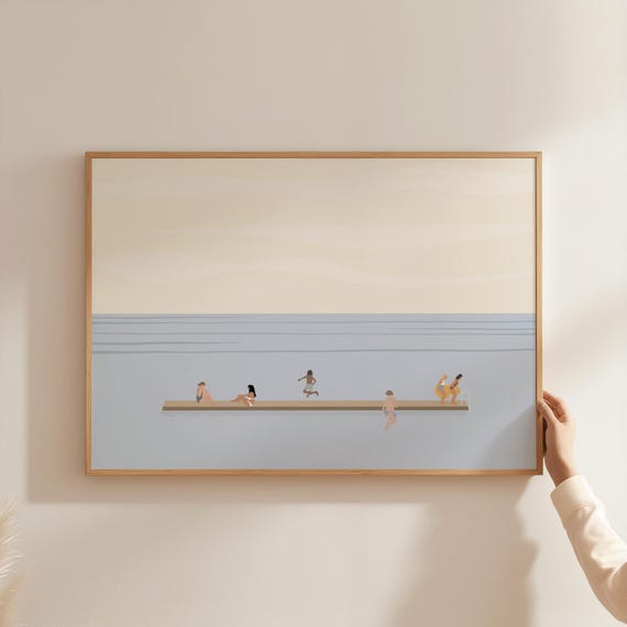Tiny People Swimming at Lake Dock, Minimalist Art Print