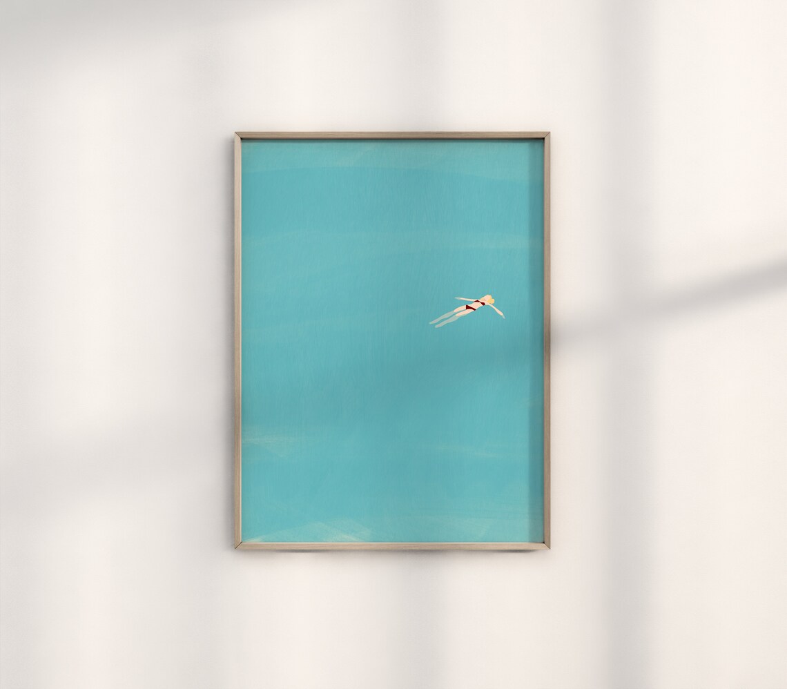 Blonde Girl Floating In Pool, Beach Art Print