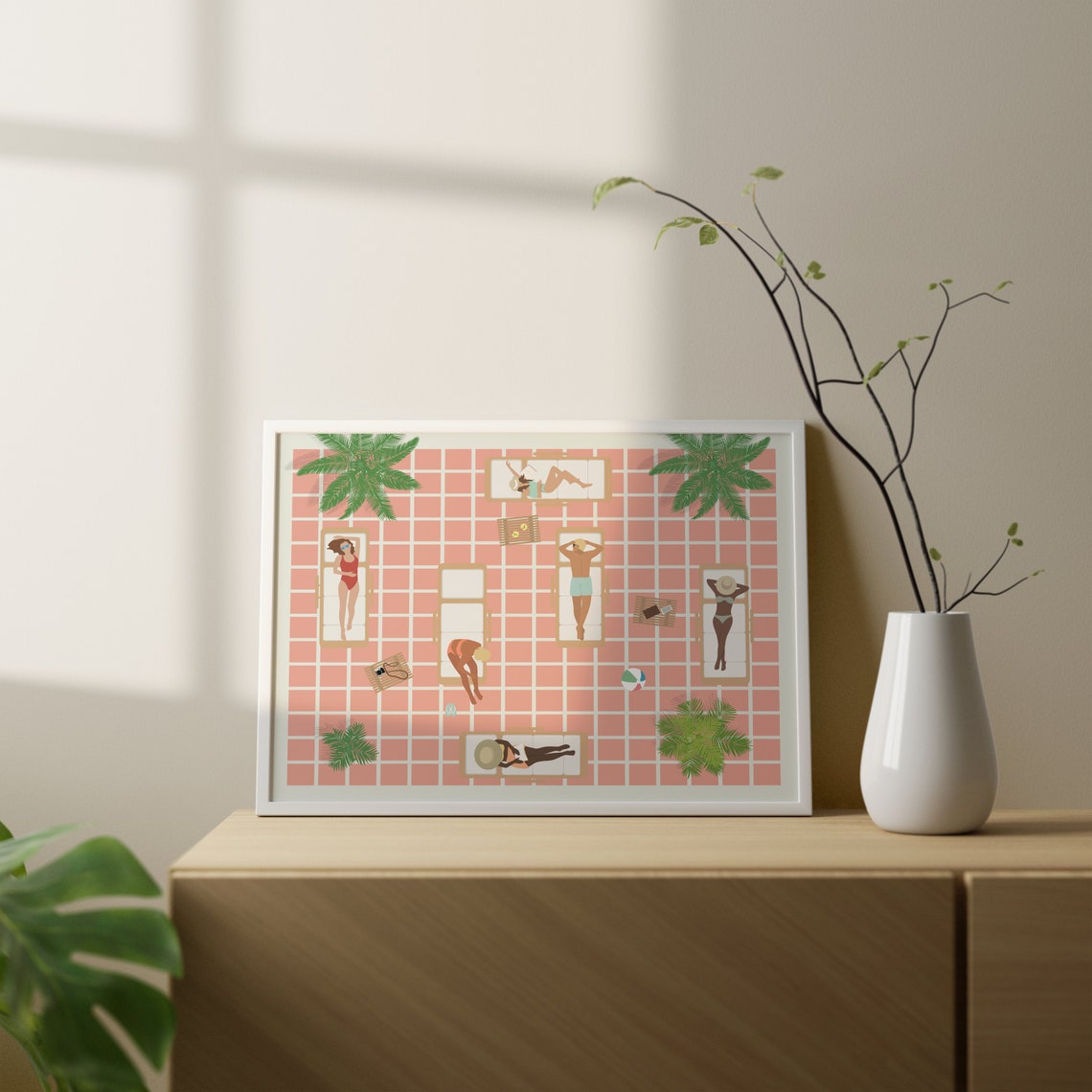 Aerial Pool Party Pink Tiles Palm Trees Retro Summer Lounge Poster - Image 3