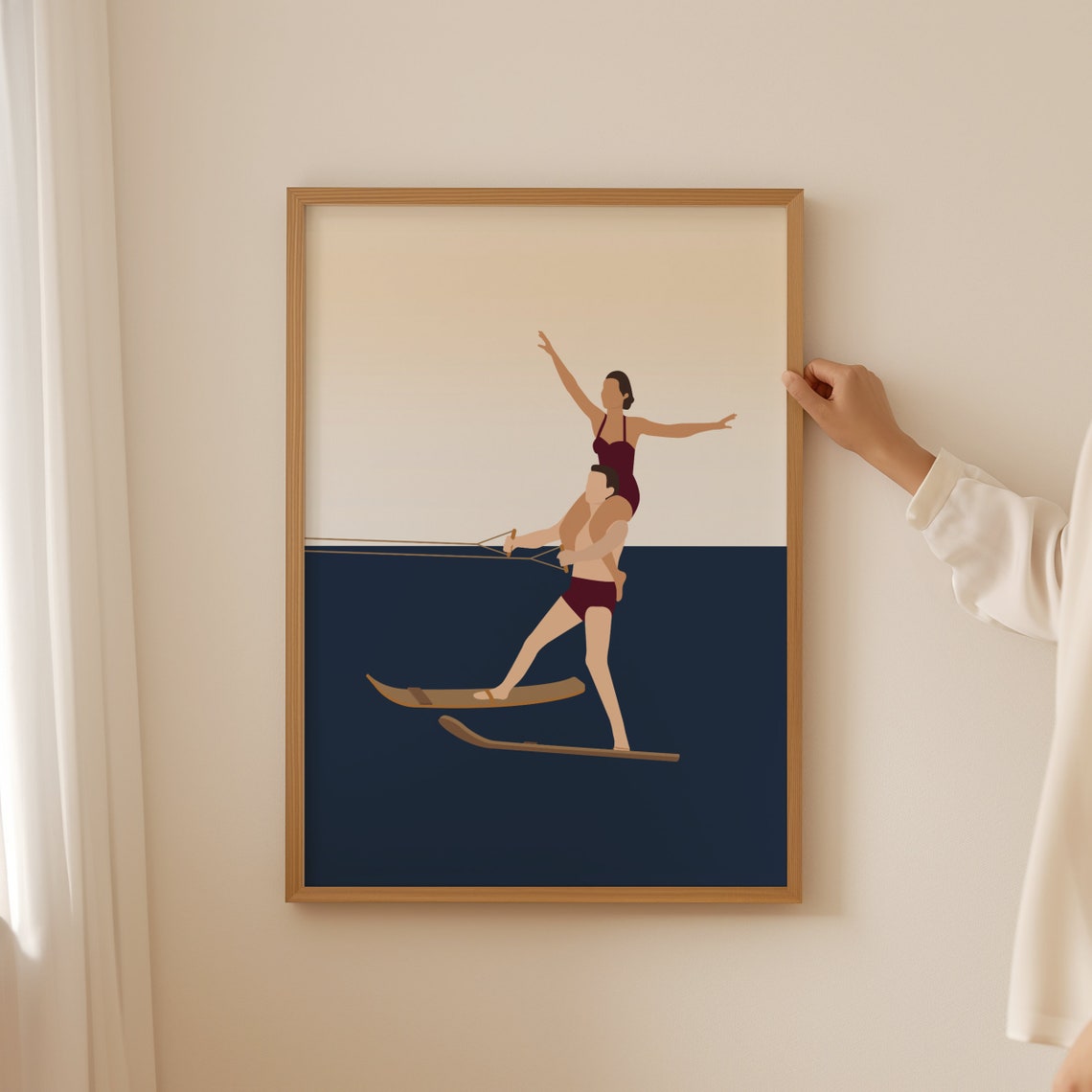 Two Water Skiers Tandem Ride Minimalist Navy Ocean Sunset Art Poster