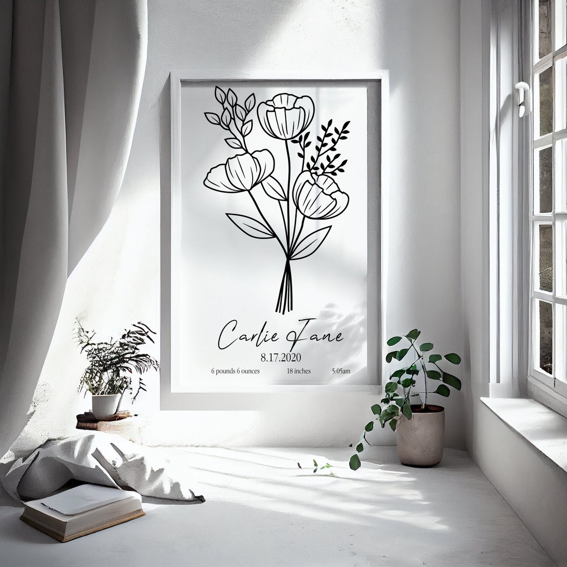 Personalized Birth Announcement Flower Line Art New Baby Gift Poster - Image 4