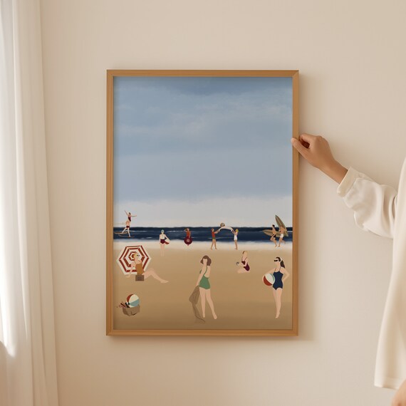Vintage Beach Day Retro Coastal People Summer Scene Art Poster