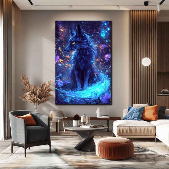 Glowing Blue Fantasy Fox Magical Forest Night Lights Art Poster
