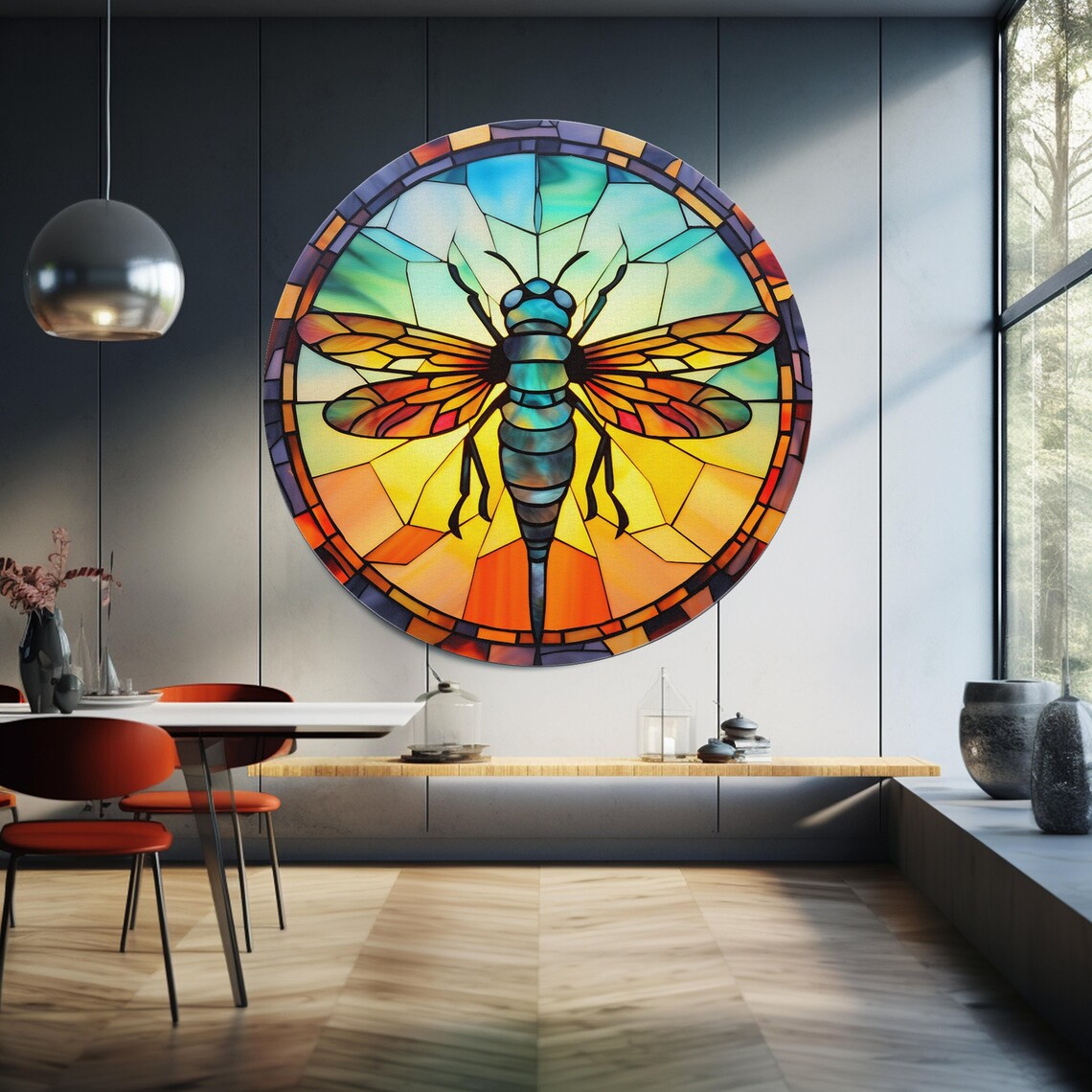 Stained Glass Firefly Round Art Orange Wings Teal Body Wall Poster