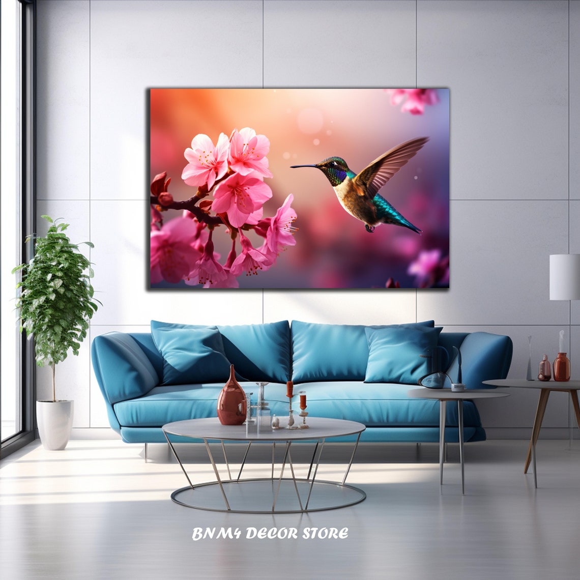 Cherry Blossom Hummingbird Pink Flower Spring Wildlife Wall Art