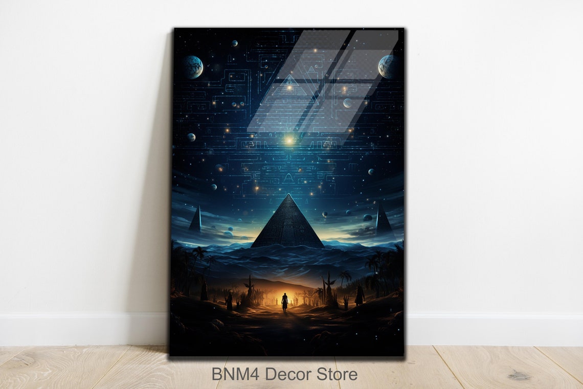 Ancient Egyptian Pyramids Cosmic Night Sky Glowing Desert Art Poster
