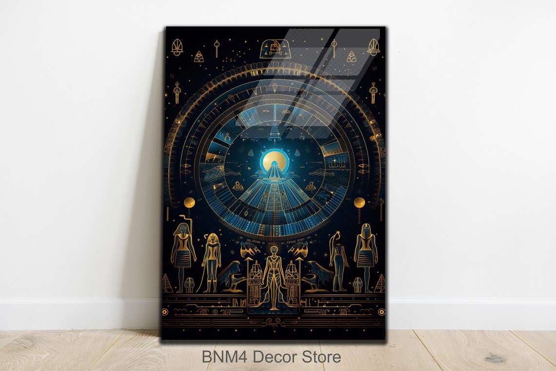 Ancient Egyptian Gold Line Art Zodiac Pyramid on Black Wall Poster