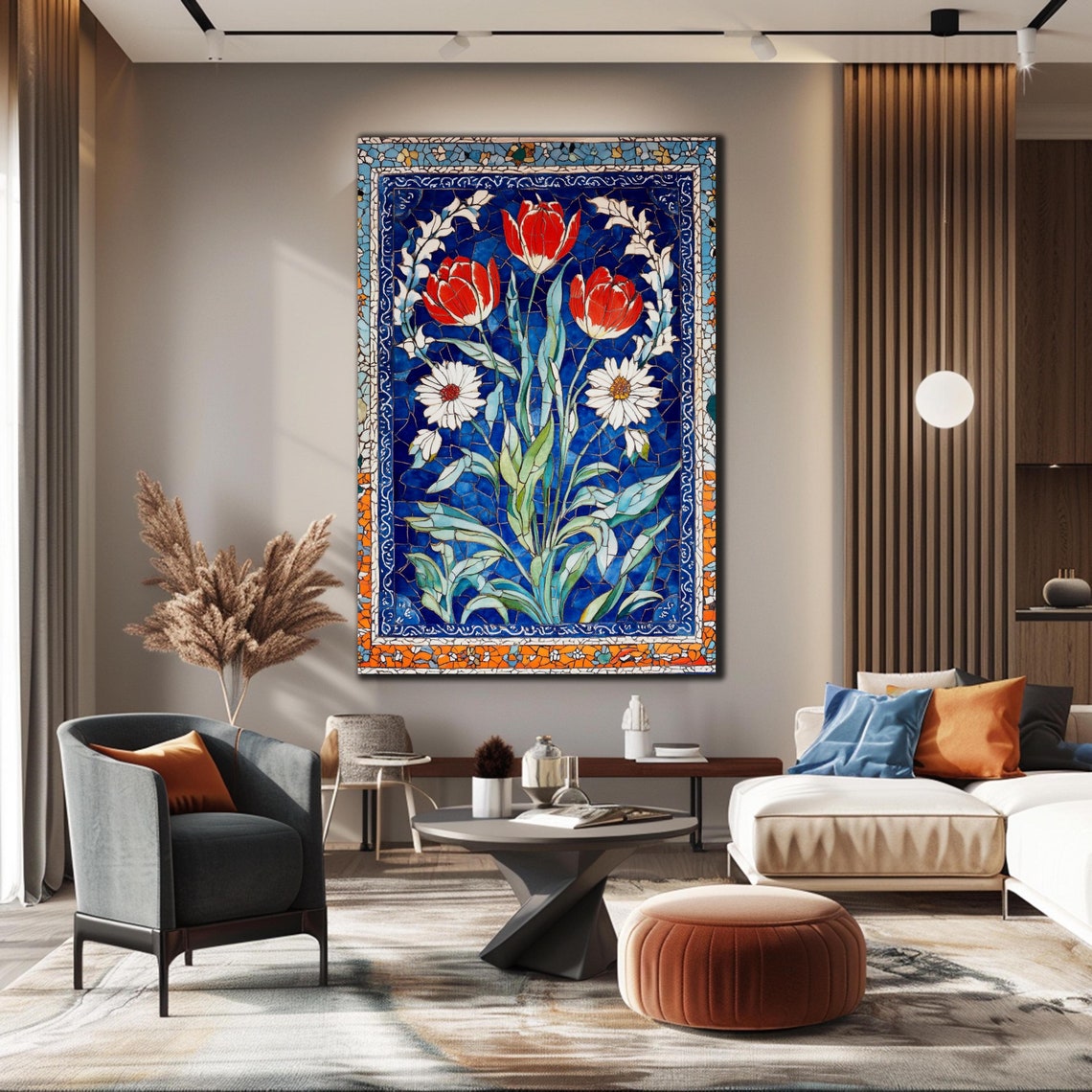 Turkish Mosaic Tile Red Tulips White Daisies Cobalt Blue Art Poster