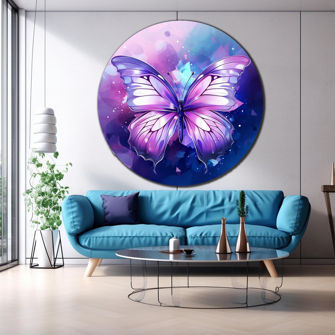 Glowing Purple Pink Butterfly On Cosmic Starry Round Canvas Poster