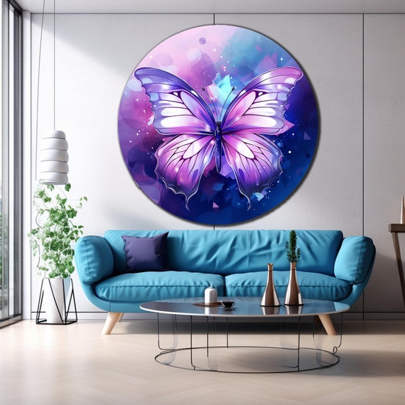 Tempered Glass Butterfly Art Purple Round Glass Butterfly Glass Paint Wall Hangings Uv Printed Round Gift For Her Animal Wall Art
