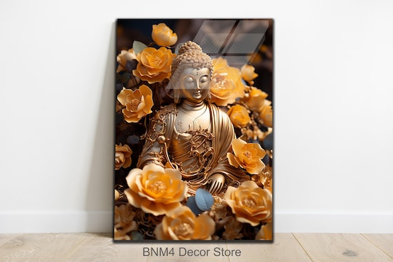 Golden Buddha Statue Yellow Flowers Serene Buddhist Glass Wall Art