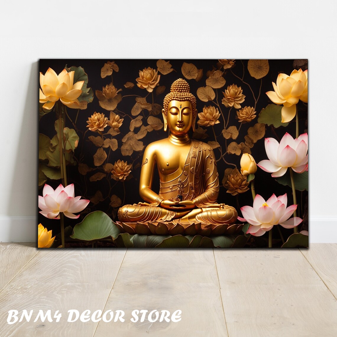 Golden Buddha on Lotus with Pink Lotus Flowers Dark Gold Poster