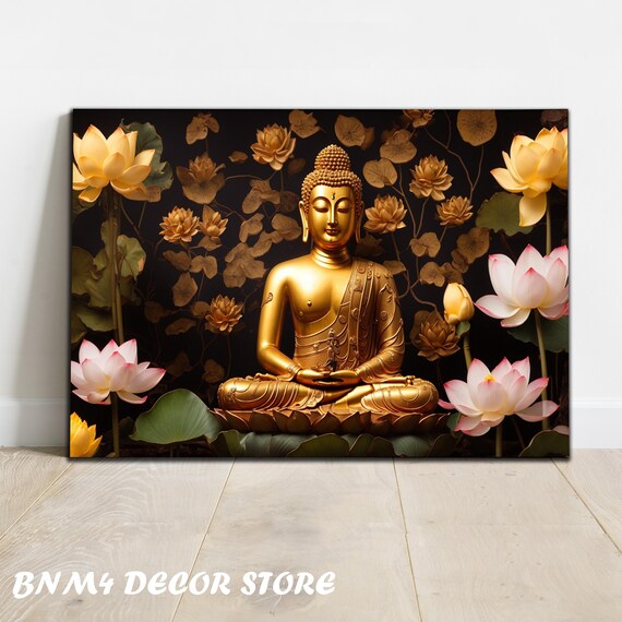 Golden Buddha on Lotus with Pink Lotus Flowers Dark Gold Poster