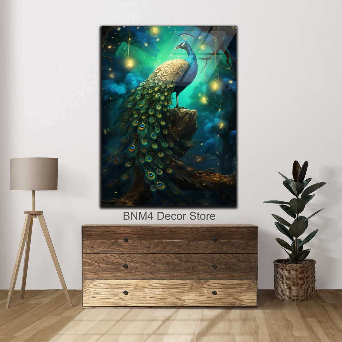 Peacock with Golden Wings in Mystical Night Forest Fireflies Poster
