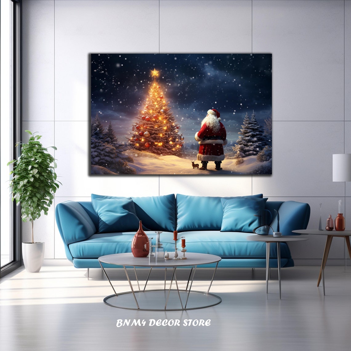 Santa Claus With Lit Christmas Tree Snowy Night Magic Wall Art